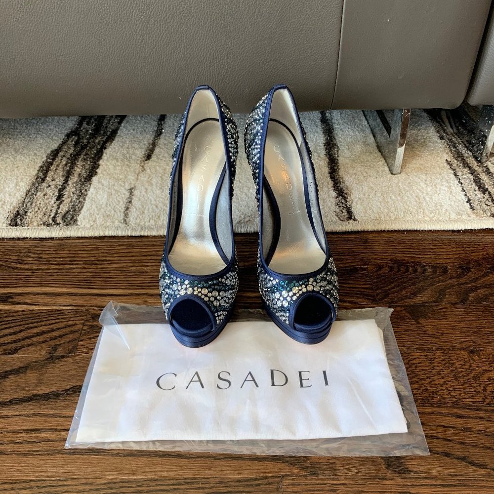 Casadei Satin Embellished Peep-Toe Pump